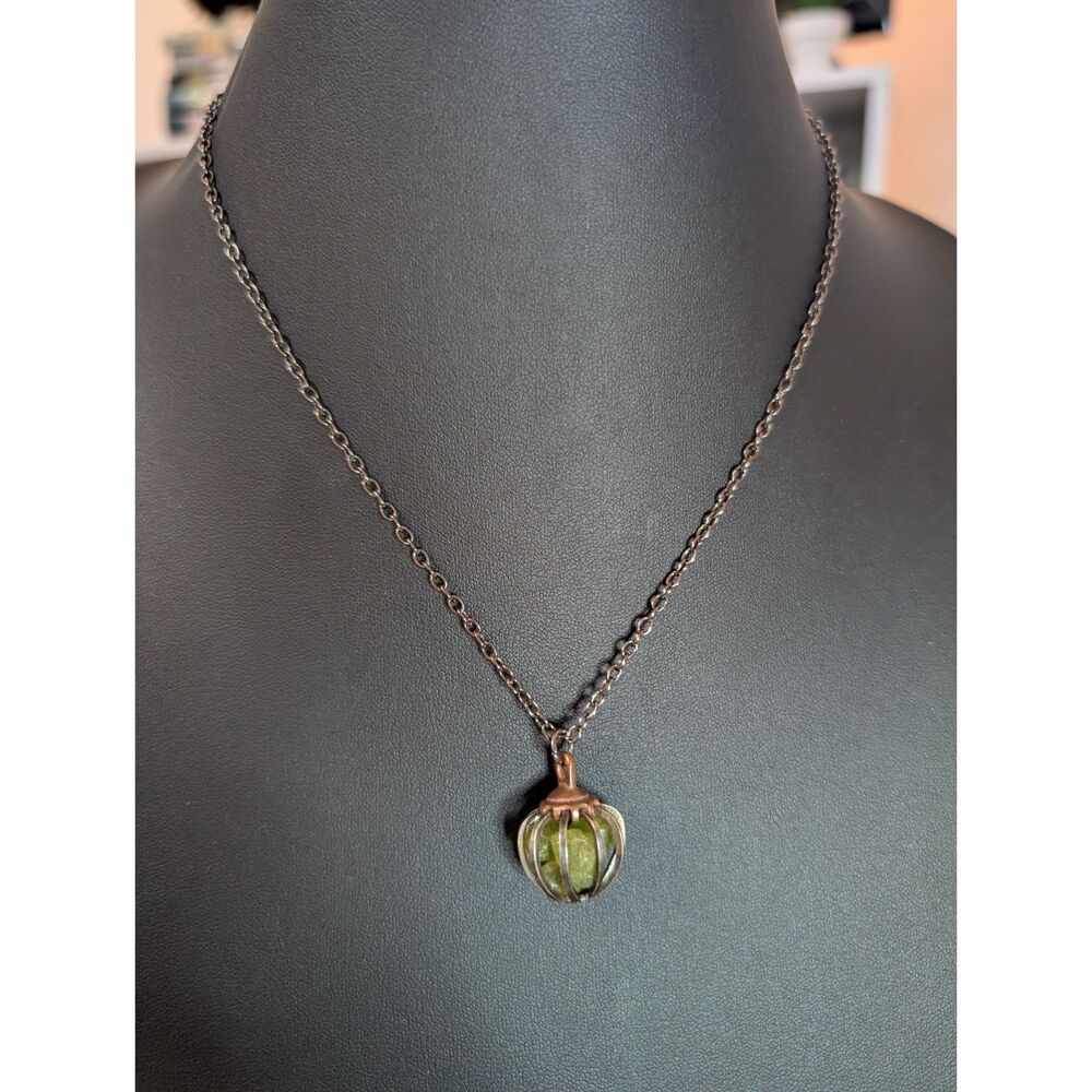 Raw Peridot Crystal Cage Pendant Necklace Antiqued Bronze Cable Chain